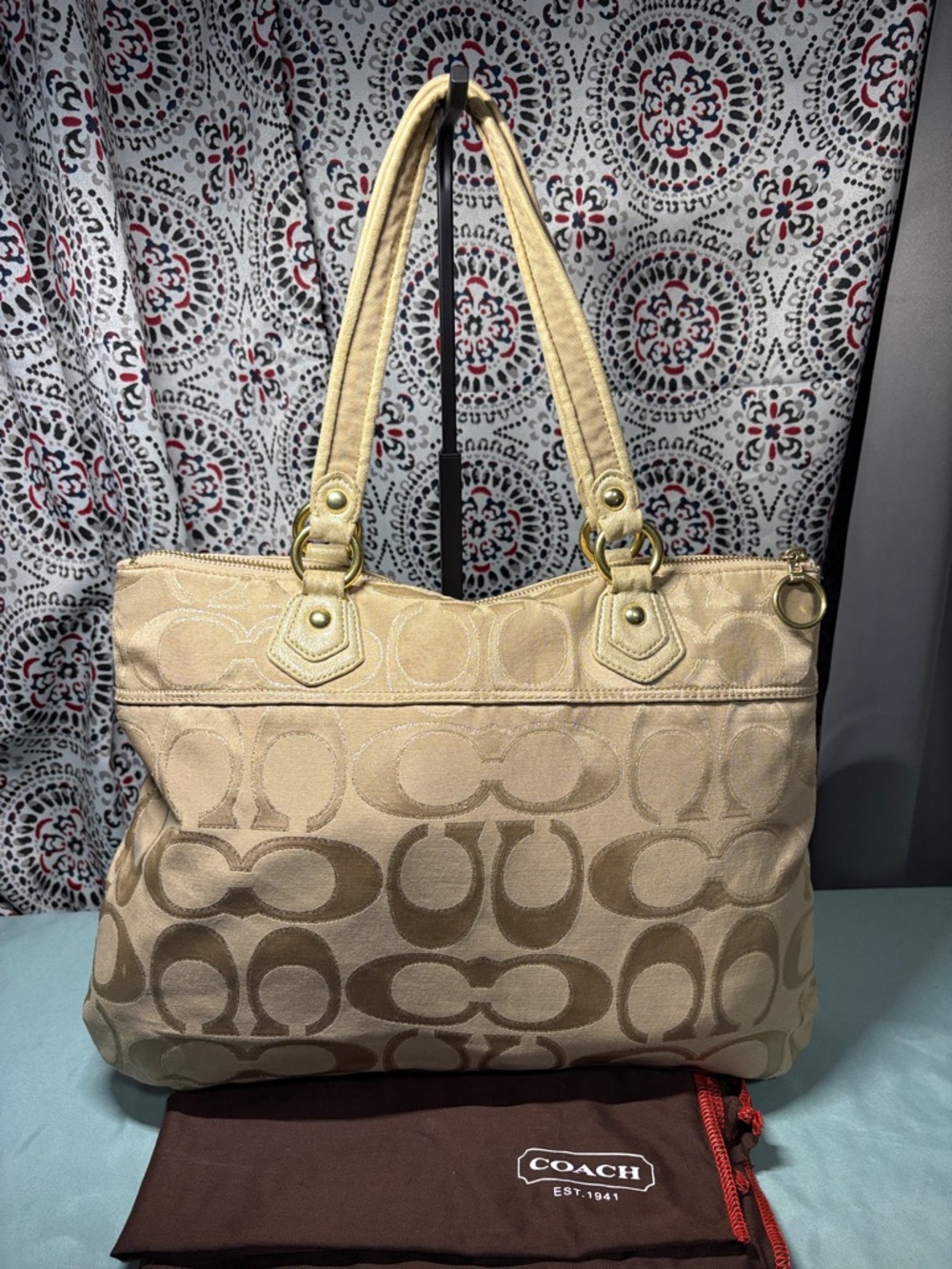 Coach Poppy Metallic Signature Sateen Glam Tote 17890 | Shimmer Gold EUC - Picture 5 of 13